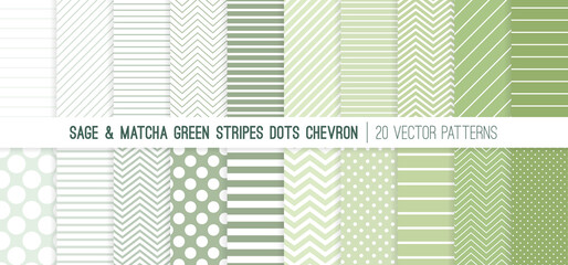 Sage and Matcha Stripes, Polka Dots and Chevron Seamless Vector Patterns in Calming Neutral Palette of Leafy Natural Green Colors. 20 Pattern Tile Swatches Included.