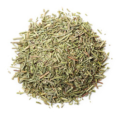 Heap of dried rosemary on a white background. Top view.