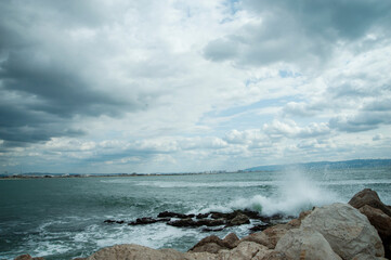 Sea view of the harbour of old Akko(Acre) on a cloudy day. Israel.