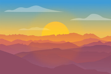Fototapeta na wymiar Gradient Colors Mountain With Bright Sun Landscape