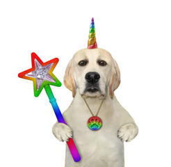 A dogicorn labrador with a magic wand. White background. Isolated.