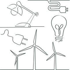 electrical appliances, lamps, light bulb, plug with cord, socket, windmills