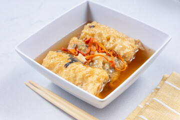 A view of a bean curd roll with cordyceps.