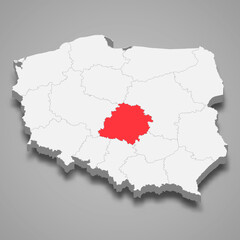 Lodz region location within Poland 3d map