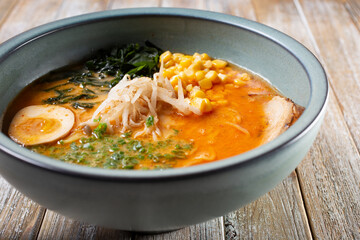 A view of a bowl of spicy miso ramen.