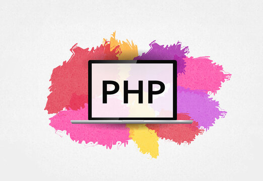 php programing language. php word on laptop and colorful background
