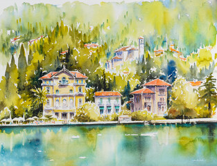Watercolor drawing  of Garda Lake with blue azure turquoise water, wooden pier and houses in background. Italy.