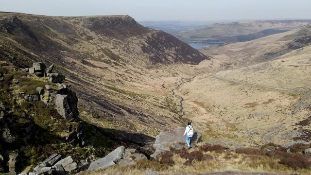 Aerial Drone Fly Over Valley In Stunning Dovestone Reservoir Peak District National Park Greenfield Saddleworth Moor Manchester