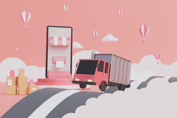 Online delivery service smartphone application technology,online shopping concept from mobile,paper cut,art cartoon style,order tracking on mobile,sky and cloud background,3d rendering illustration