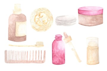 Set of eco-friendly care products, spray, loofah, balm, cream, deodorant, hair comb, watercolor illustrations