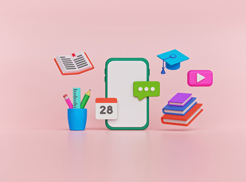 Online Education, Learning Concept With A Smartphone. Minimal Design. 3d Rendering