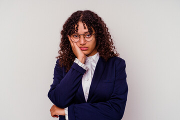 Young business mixed race woman isolated on white background who is bored, fatigued and need a relax day.