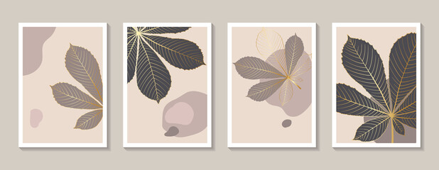 Set of luxurious Art Deco style wall art with golden chestnut leaves. Elegant botanical trendy background templates for covers, cards, brochures. Minimalistic natural design. Stock vector illustration