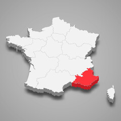 Obraz premium Provence-Alpes-Cote d'Azur region location within France 3d isometric map