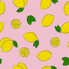  Yellow lemons and green leaves seamless pattern. Hand drawn with pencil contours
