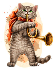 Cat. Wall sticker. Color, graphic portrait of cute kitten with a pipe on a white background in watercolor style. Digital Vector Graphics.  Individual layers