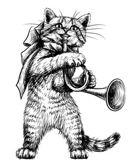 Cat. Wall sticker. Graphic, black and white sketch cute kitten with a pipe on a white background. Digital Vector graphics.