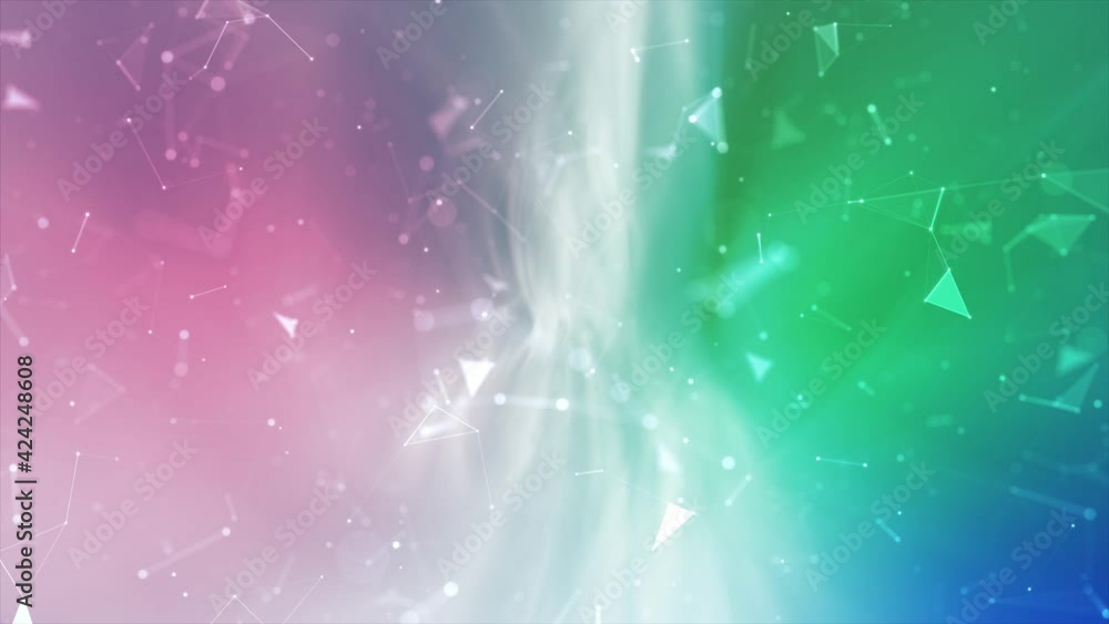 Poster vivid colorful multicolor animated background with geometric glowing particles, triangles and dots. 