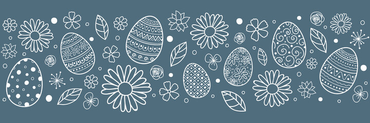 Concept of Easter header with hand drawn eggs and flowers. Vector
