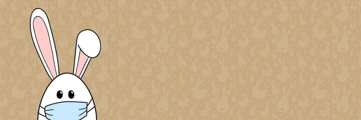 Easter bunny with face mask. Concept of holidays during coronavirus pandemic. Panoramic header. Vector