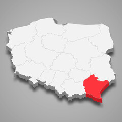 Obraz premium Subcarpathia region location within Poland 3d map