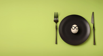Banner. White egg with glasses on a black plate, a table knife and a fork on a green background. Easter holiday creative concept. Flat lay. Copy space