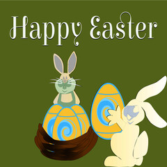 Happy Easter Bunny Smiling With Flowers and Leaves.