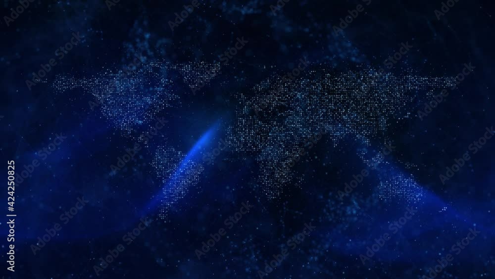 Poster virtual detailed world map animation. worldwide blue background with flickering light and copy space