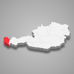 Vorarlberg region location within Austria 3d map