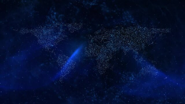 virtual detailed world map animation. Worldwide blue background with flickering light and copy space.	