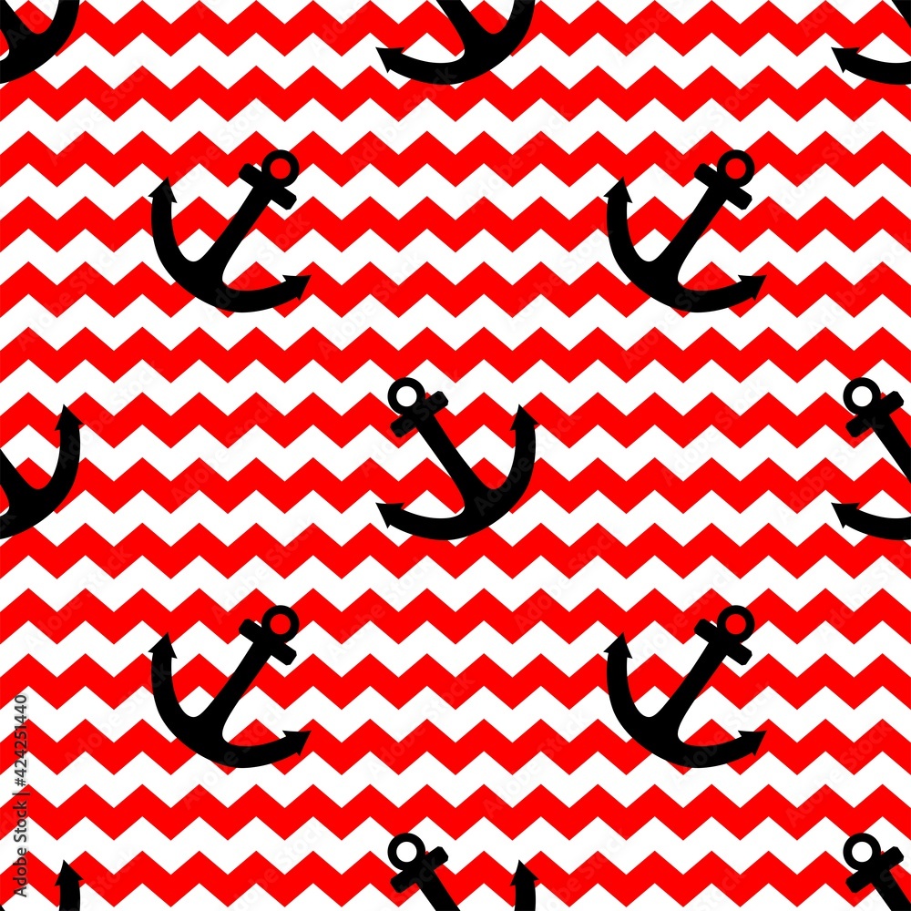 Poster tile sailor vector pattern with anchor and zig zag stripes white and red background