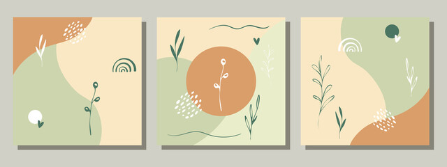 Botanical design set for greeting cards. Organic hand drawn collage of doodles and sketches. Minimalist illustration.