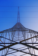 Worm's-eye view of a power line while sunset