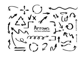 Collection of hand drawn arrows vector icon. Direction cursors sketch symbols set on white background