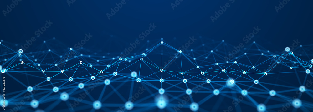 Fototapete Corrupted network or connection. Abstract digital background of hexagon points and lines. Glowing plexus. Big data. Abstract technology science background. 3d rendering