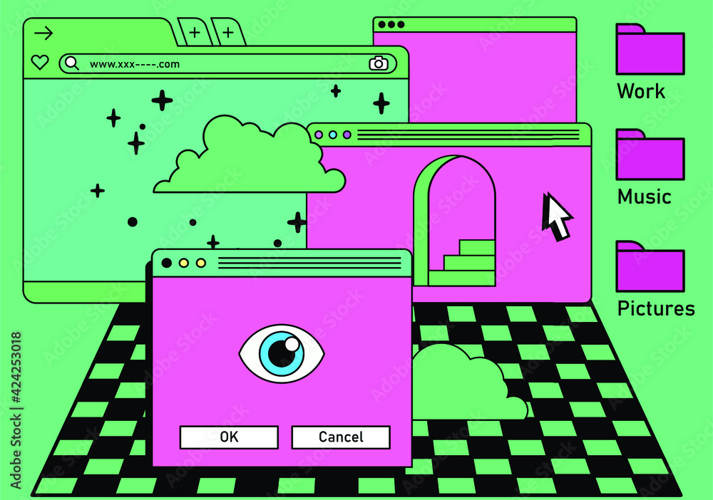 Aufkleber Retro vaporwave desktop with message boxes and user interface elements. A conceptual illustration of website and application programming.