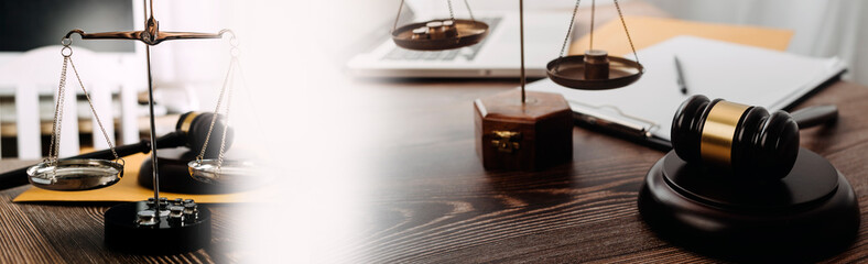 Business and lawyers discussing contract papers with brass scale on desk in office. Law, legal services, advice, justice and law concept picture with film grain effect