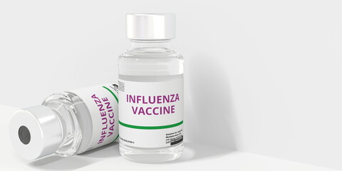Glass vials with INFLUENZA VACCINE text on white background, 3D rendering
