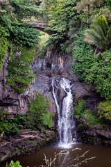 Water falls under a bridge at one of the pools of Oheo in Haleakala National Park on the easter shore of Maui, Hawaii
