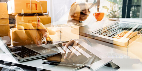 Online sales ideas for work at home. Asian man is answering phone calls. To accept orders from online customers.Very good sale. online Business and E-commerce.Online shop Sell ​​products.