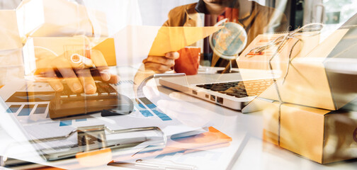 Online sales ideas for work at home. Asian man is answering phone calls. To accept orders from online customers.Very good sale. online Business and E-commerce.Online shop Sell ​​products.