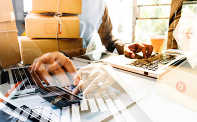 Online sales ideas for work at home. Asian man is answering phone calls. To accept orders from online customers.Very good sale. online Business and E-commerce.Online shop Sell ​​products.