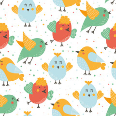 Seamless Easter pattern on white background. Cute and colourful birds in cartoon style. Repeated background for children. Spring festive concept.