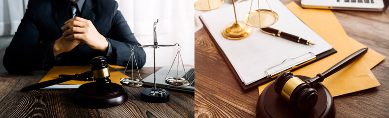 Business and lawyers discussing contract papers with brass scale on desk in office. Law, legal services, advice, justice and law concept picture with film grain effect