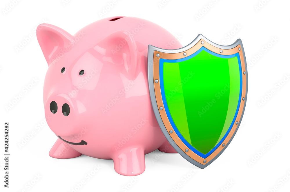 Poster piggy bank with shield, 3d rendering