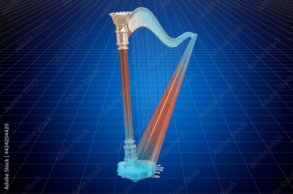 Poster visualization 3d cad model of harp, lyre, blueprint. 3d rendering