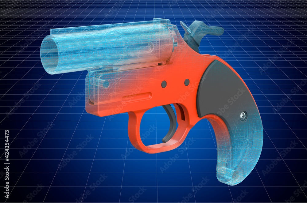 Poster visualization 3d cad model of signal flare launcher, blueprint. 3d rendering