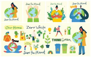 Set of eco save environment pictures. People taking care of planet collage. Zero waste, think green, save the planet, our home hand written text