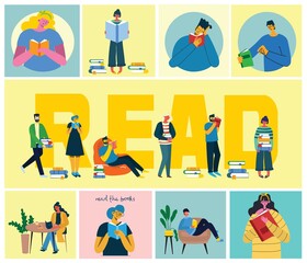 Vector concept illustrations of World Book Day, Reading the books and Book festival in the flat style.