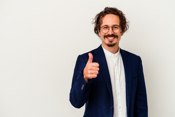 Young business man isolated on white background smiling and raising thumb up